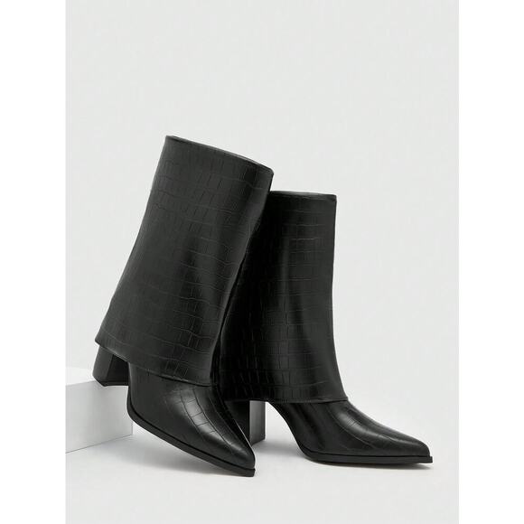 Women's Croc-Embossed Mid-Calf Boots  Chic, Stylish, Pointed Toe & Block Heel 6 - Picture 6 of 6